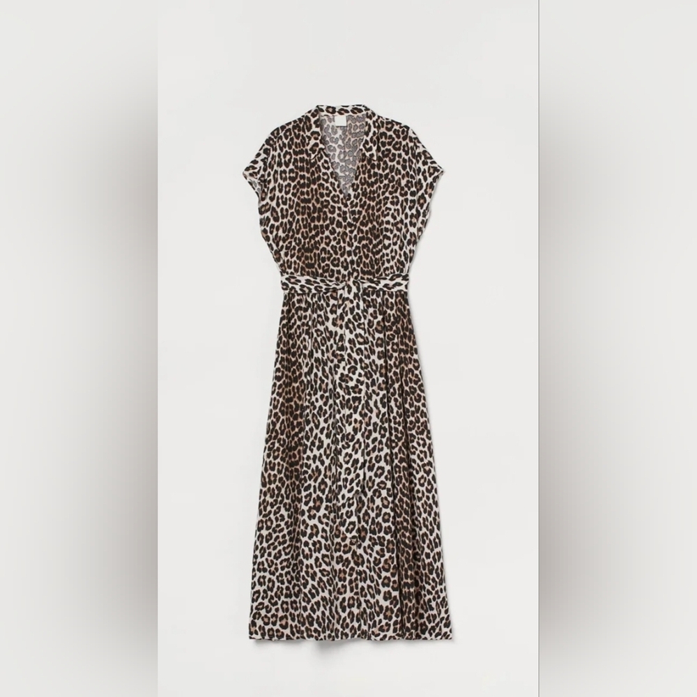 H&M Leopard Cheetah Animal Print Button Shirt  Midi Dress L Rockabilly